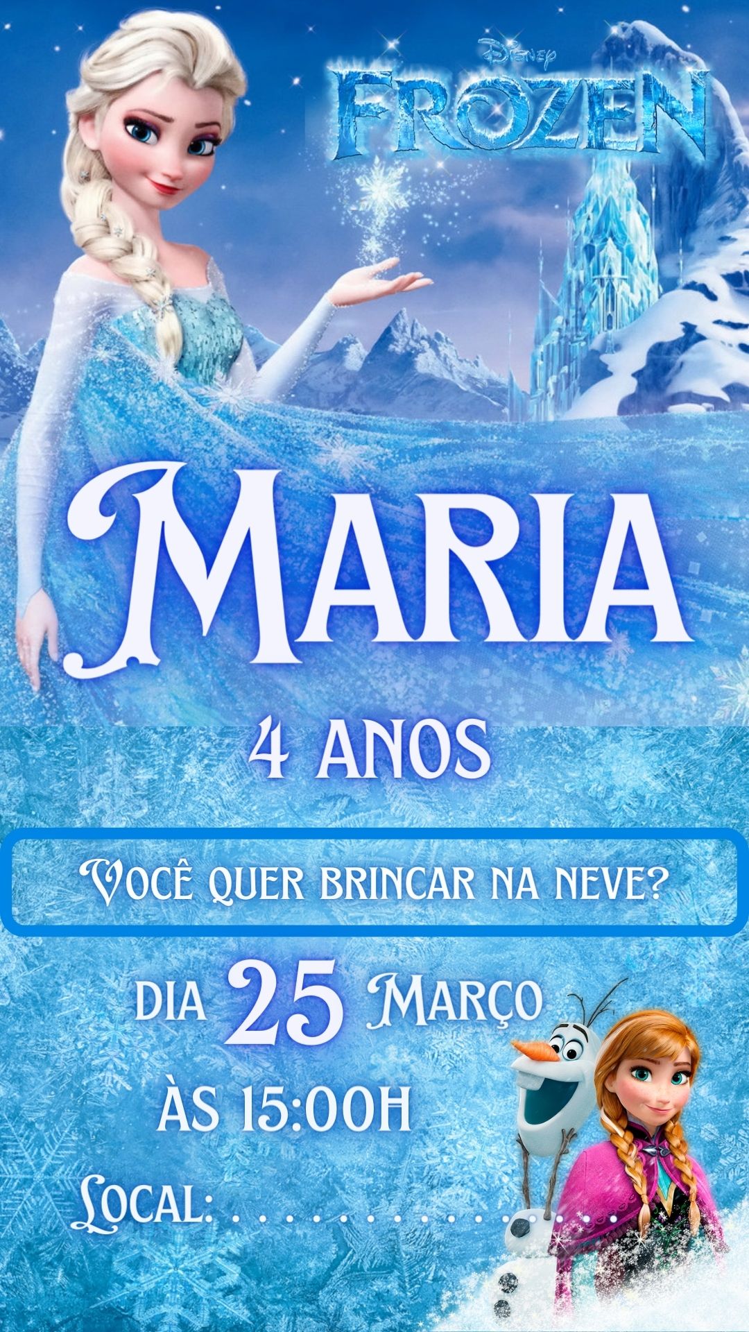 Convite digital do tema Frozen, com a Elsa, a Anna e o Olaf em tons de azul gelo