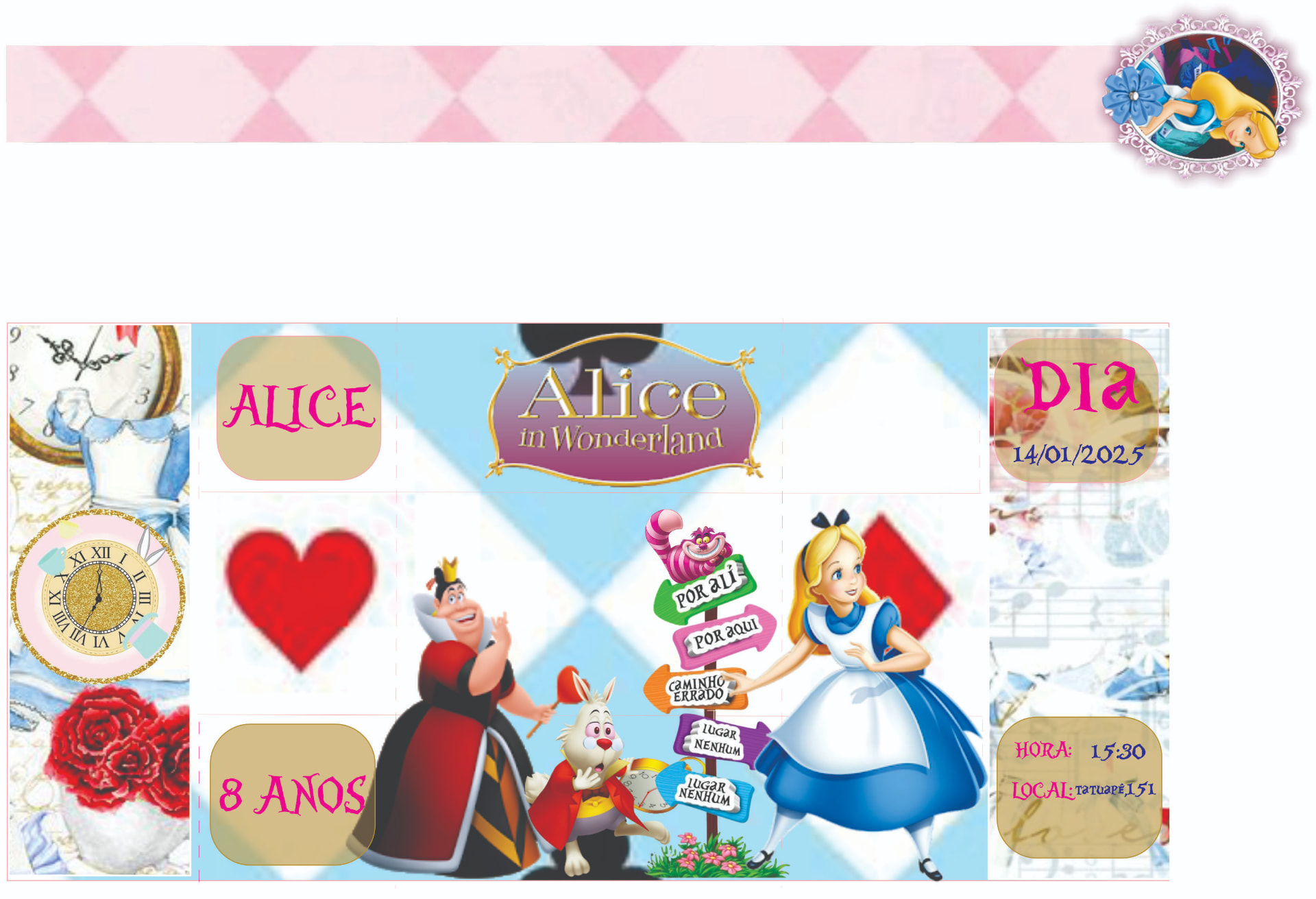 Exemplo de arquivo digital para impressão do tema Alice, com marcações de corte e dobra