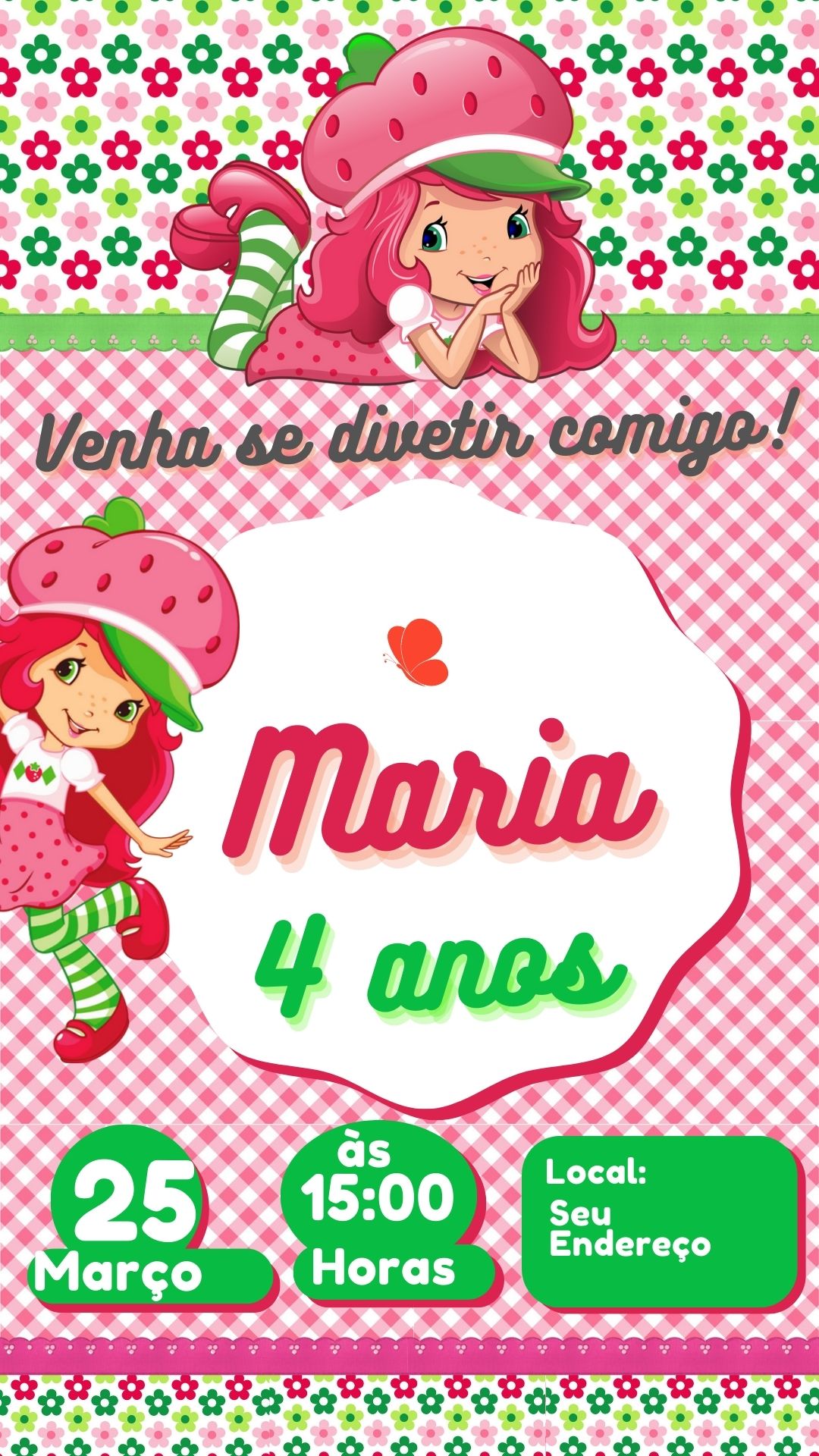Convite digital do tema Moranguinho, em xadrez rosa e verde com flores
