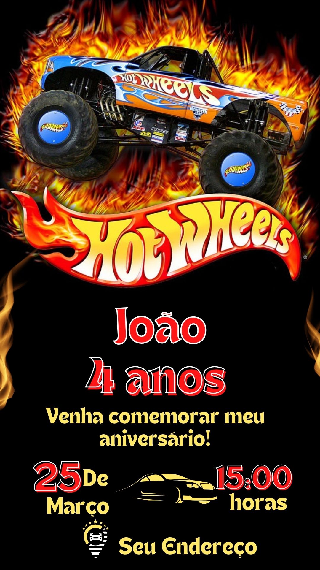 Convite digital personalizado do tema Hot Wheels, com carro monstro em chamas e dados da festa