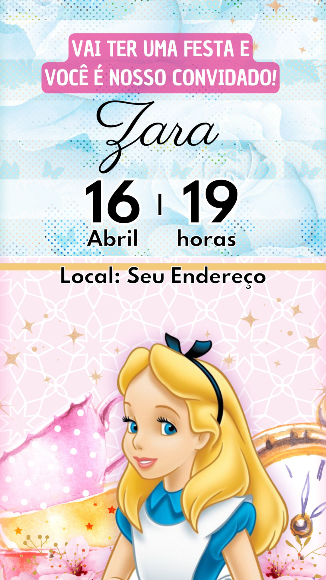 Convite digital personalizado do tema Alice no País das Maravilhas, com a Alice em aquarela e dados da festa