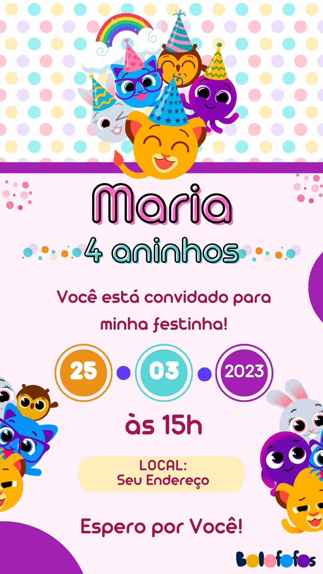 Convite digital do tema bichinhos fofos de bolinhas coloridas, com arco-íris
