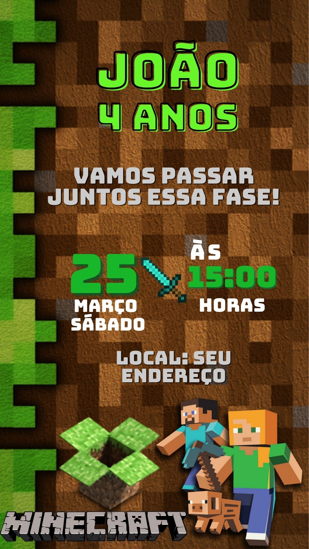 Convite digital do tema Minecraft, com blocos pixelados em verde e marrom